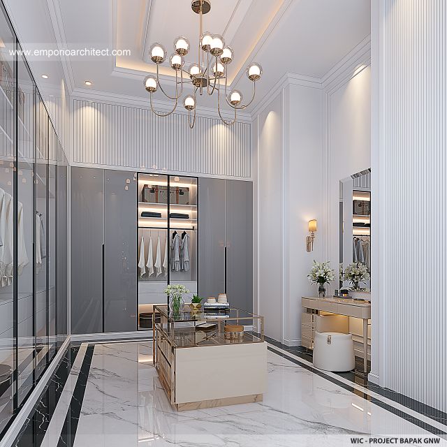 Desain Walk In Closet Rumah Mediteran Klasik 3 Lantai Bapak GNW di PIK 2, Tangerang