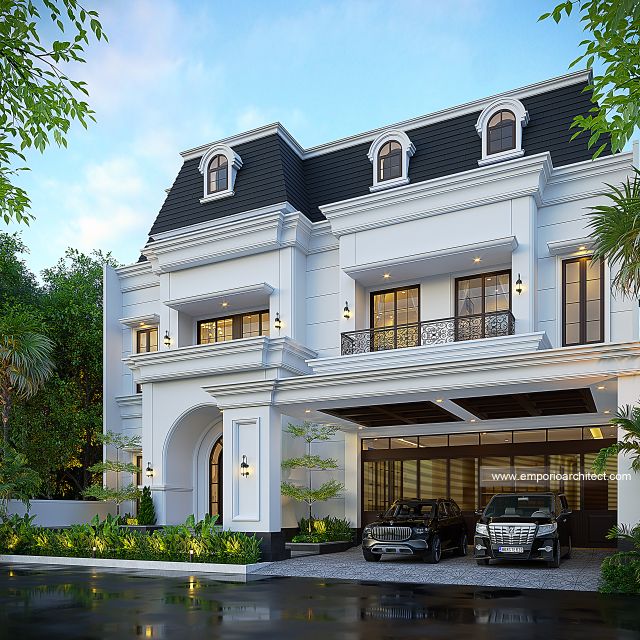 Desain Tampak Depan 2 Rumah Mediteran Klasik 3 Lantai Bapak GNW di PIK 2, Tangerang