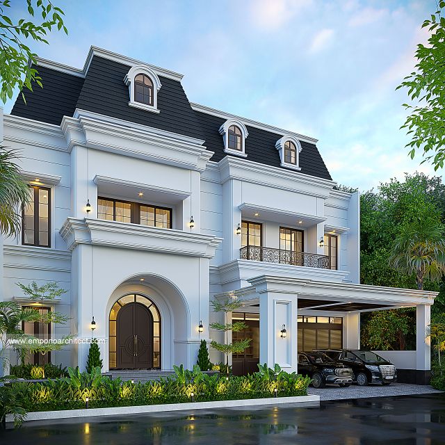Desain Tampak Depan 3 Rumah Mediteran Klasik 3 Lantai Bapak GNW di PIK 2, Tangerang
