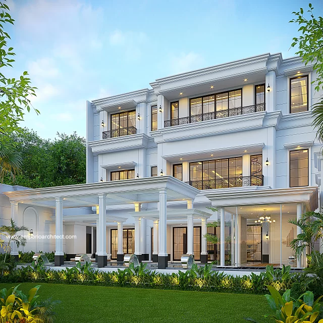 Desain Tampak Belakang Rumah Mediteran Klasik 3 Lantai Bapak GNW di PIK 2, Tangerang