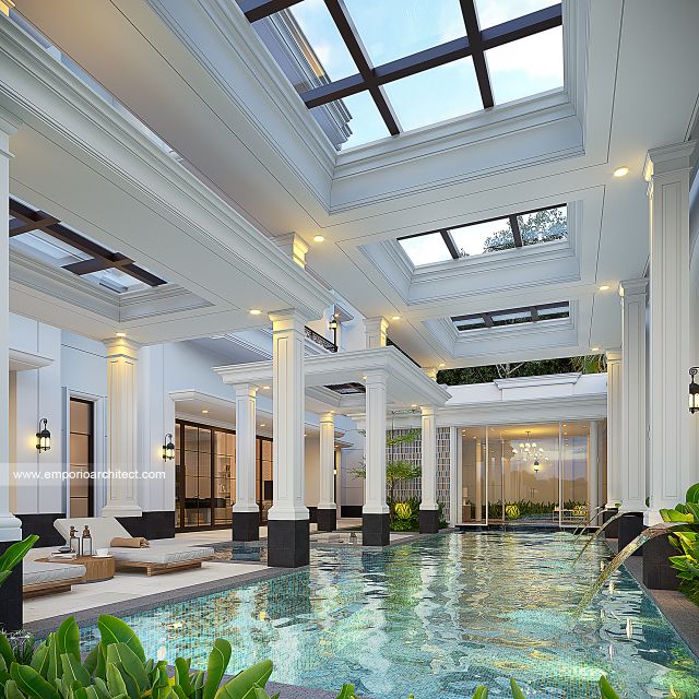 Desain Tampak Detail Belakang Rumah Mediteran Klasik 3 Lantai Bapak GNW di PIK 2, Tangerang