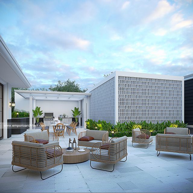 Desain Bar dan Rooftop Rumah Mediteran Klasik 3 Lantai Bapak GNW di PIK 2, Tangerang