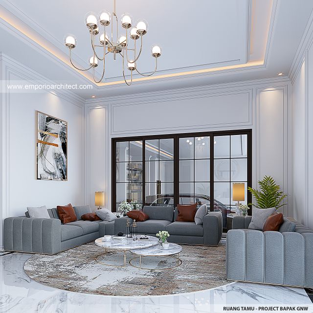 Desain Ruang Tamu Rumah Mediteran Klasik 3 Lantai Bapak GNW di PIK 2, Tangerang