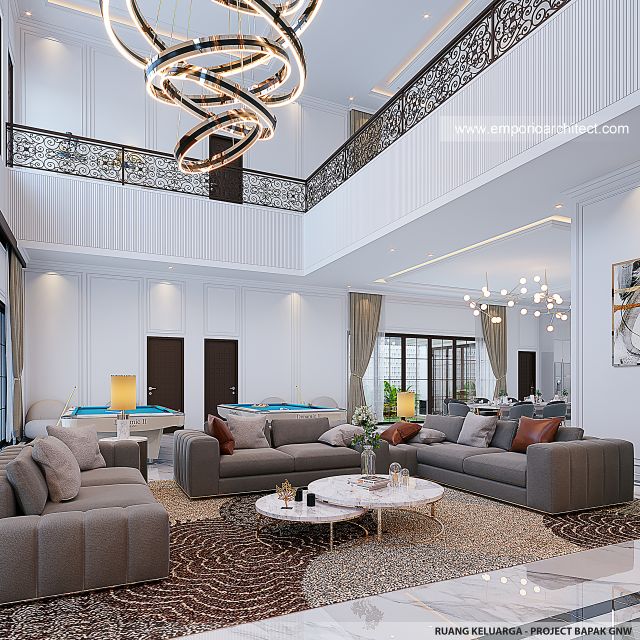 Desain Ruang Keluarga Rumah Mediteran Klasik 3 Lantai Bapak GNW di PIK 2, Tangerang