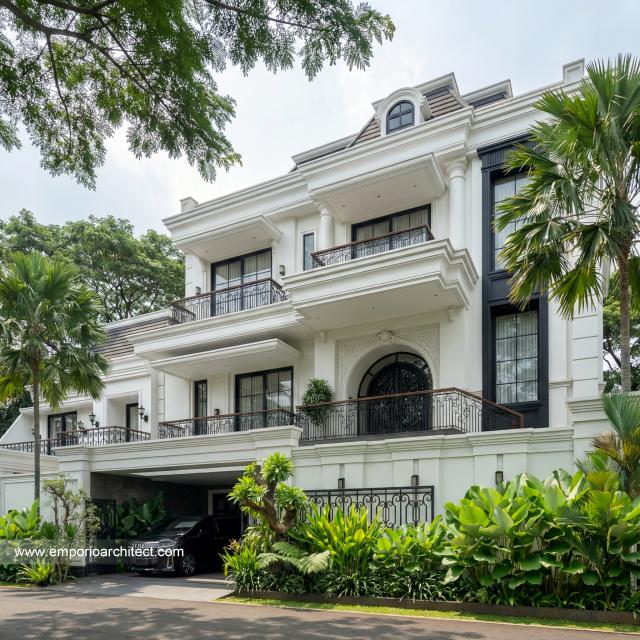 Desain Tampak Depan 2 Rumah Mediteran Klasik 3 Lantai Ibu GST di Yogyakarta