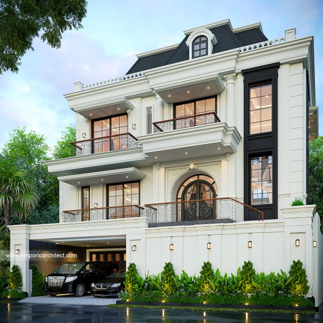 Desain Tampak Depan 2 Rumah Mediteran Klasik 3 Lantai Ibu GST di Yogyakarta