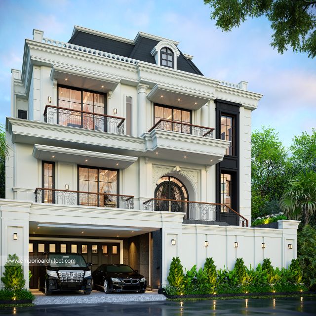 Desain Tampak Depan 3 Rumah Mediteran Klasik 3 Lantai Ibu GST di Yogyakarta