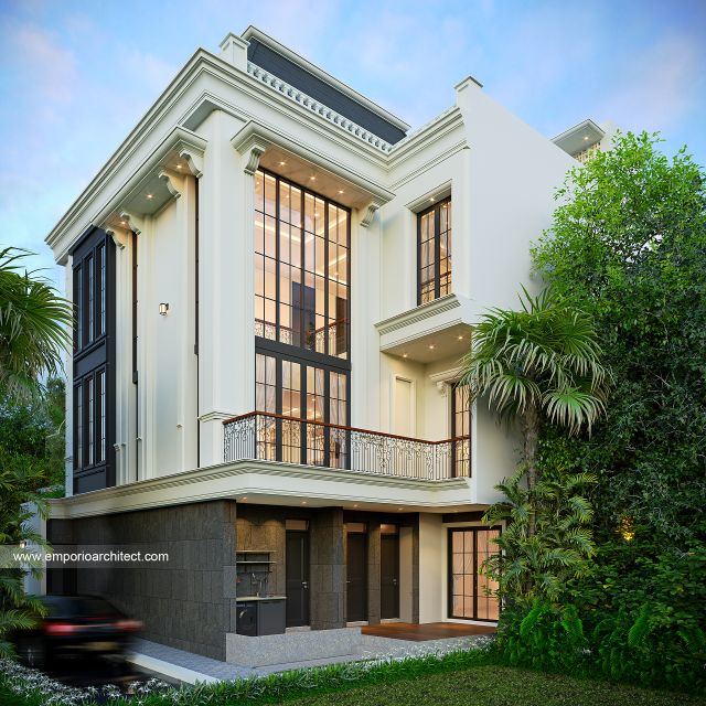 Desain Tampak Belakang Rumah Mediteran Klasik 3 Lantai Ibu GST di Yogyakarta
