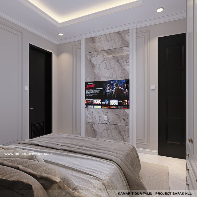 Desain Kamar Tidur Tamu Rumah Mediteran Klasik 3 Lantai Bapak HLL di Jakarta Selatan