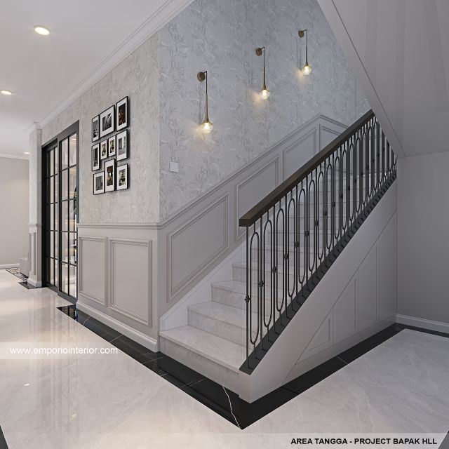 Desain Area Tangga Rumah Mediteran Klasik 3 Lantai Bapak HLL di Jakarta Selatan
