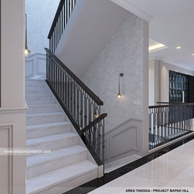 Desain Area Tangga Rumah Mediteran Klasik 3 Lantai Bapak HLL di Jakarta Selatan