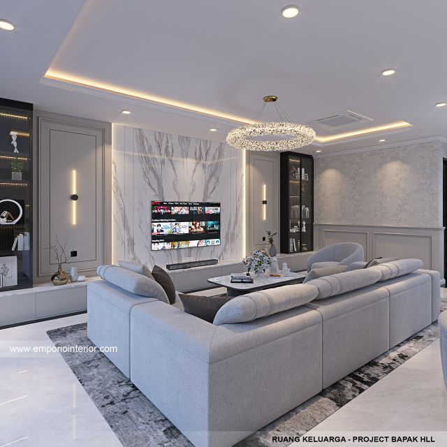Desain Ruang Keluarga Rumah Mediteran Klasik 3 Lantai Bapak HLL di Jakarta Selatan