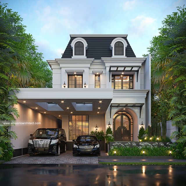Desain Tampak Depan Rumah Mediteran Klasik 3 Lantai Bapak HLL di Jakarta Selatan