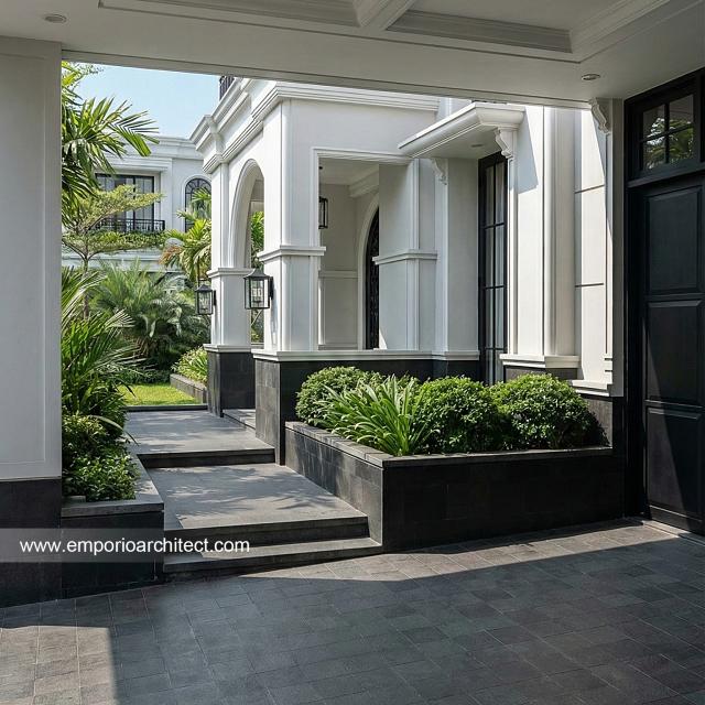 Desain Tampak Detail Depan 2 Rumah Mediteran Klasik 3 Lantai Bapak IKR di Jakarta