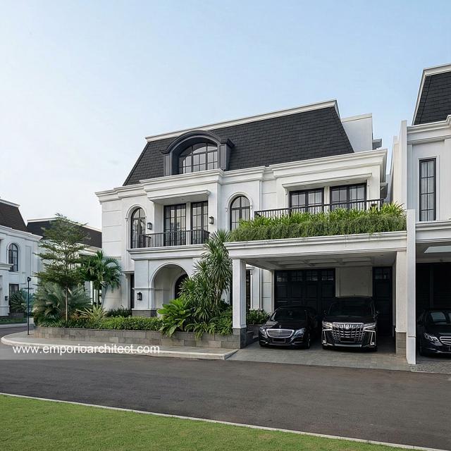 Desain Tampak Depan 2 Rumah Mediteran Klasik 3 Lantai Bapak IKR di Jakarta