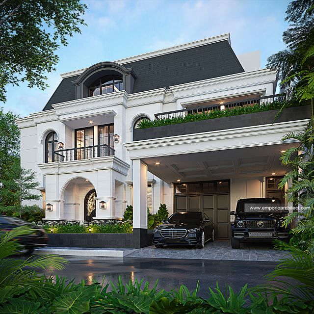 Desain Tampak Depan 2 Rumah Mediteran Klasik 3 Lantai Bapak IKR di Jakarta