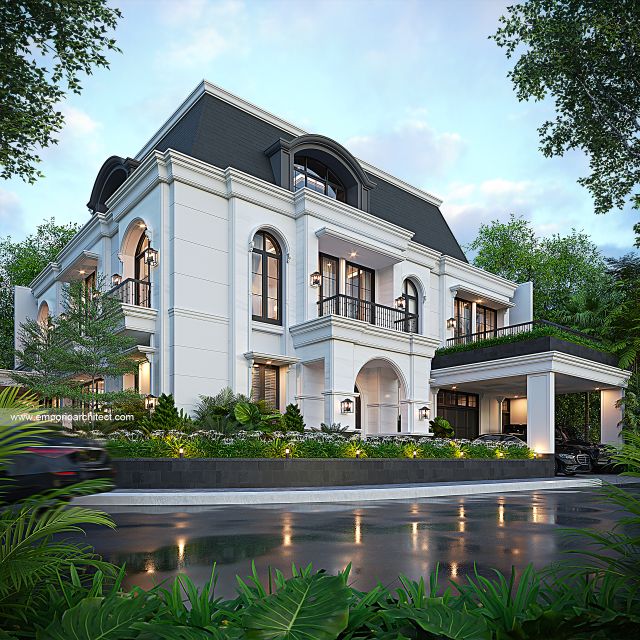 Desain Tampak Hook Rumah Mediteran Klasik 3 Lantai Bapak IKR di Jakarta