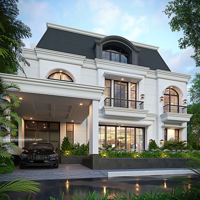 Desain Tampak Samping Rumah Mediteran Klasik 3 Lantai Bapak IKR di Jakarta