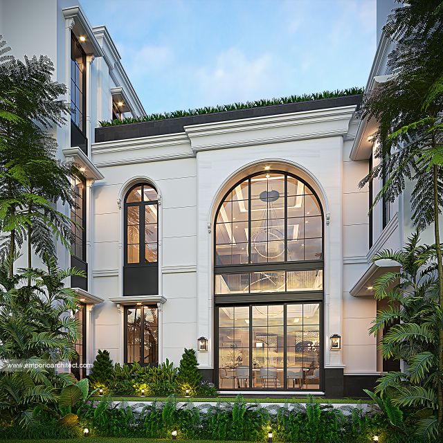 Desain Tampak Belakang Rumah Mediteran Klasik 3 Lantai Bapak IKR di Jakarta