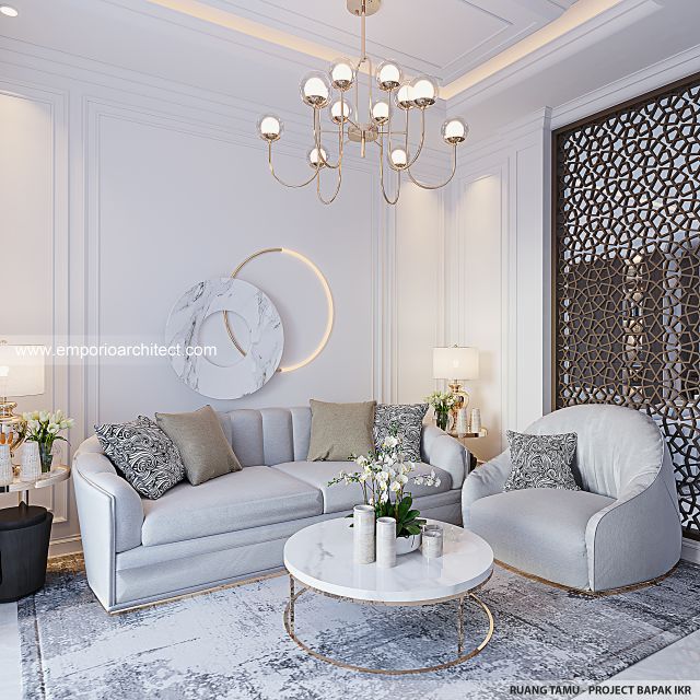 Desain Ruang Tamu Rumah Mediteran Klasik 3 Lantai Bapak IKR di Jakarta