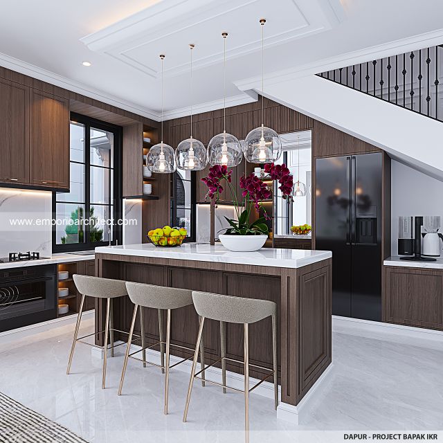 Desain Dapur Rumah Mediteran Klasik 3 Lantai Bapak IKR di Jakarta