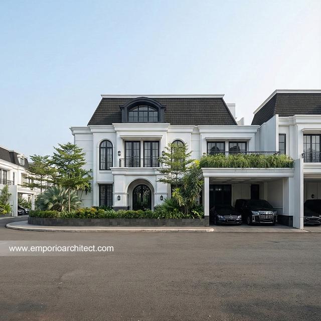 Desain Tampak Depan Rumah Mediteran Klasik 3 Lantai Bapak IKR di Jakarta