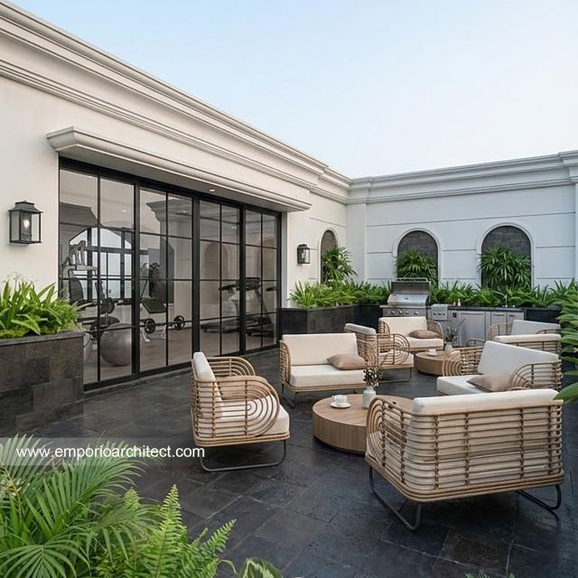 Desain Rooftop Rumah Mediteran Klasik 3 Lantai Bapak IKR di Jakarta
