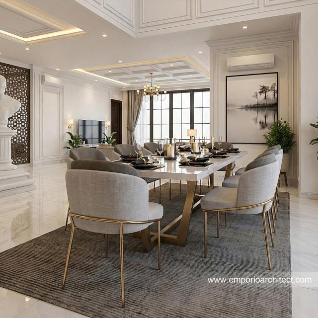 Desain Ruang Makan Rumah Mediteran Klasik 3 Lantai Bapak IKR di Jakarta