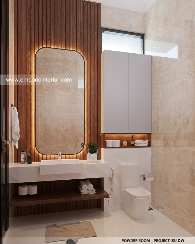 Desain Powder Room Rumah Mediteran Klasik 3 Lantai Ibu DW di Jakarta