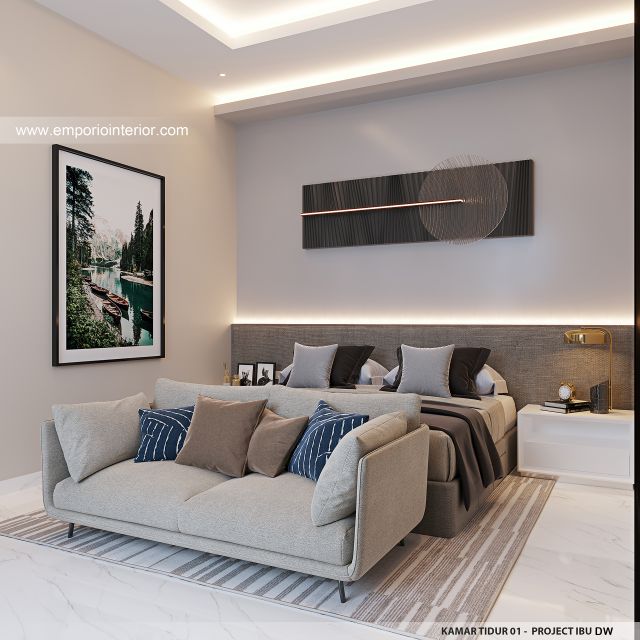 Desain Kamar Tidur 1 Rumah Mediteran Klasik 3 Lantai Ibu DW di Jakarta