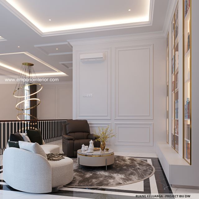 Desain Ruang Keluarga Rumah Mediteran Klasik 3 Lantai Ibu DW di Jakarta