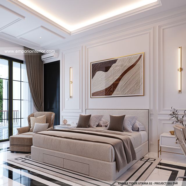 Desain Kamar Tidur Utama 2 Rumah Mediteran Klasik 3 Lantai Ibu DW di Jakarta