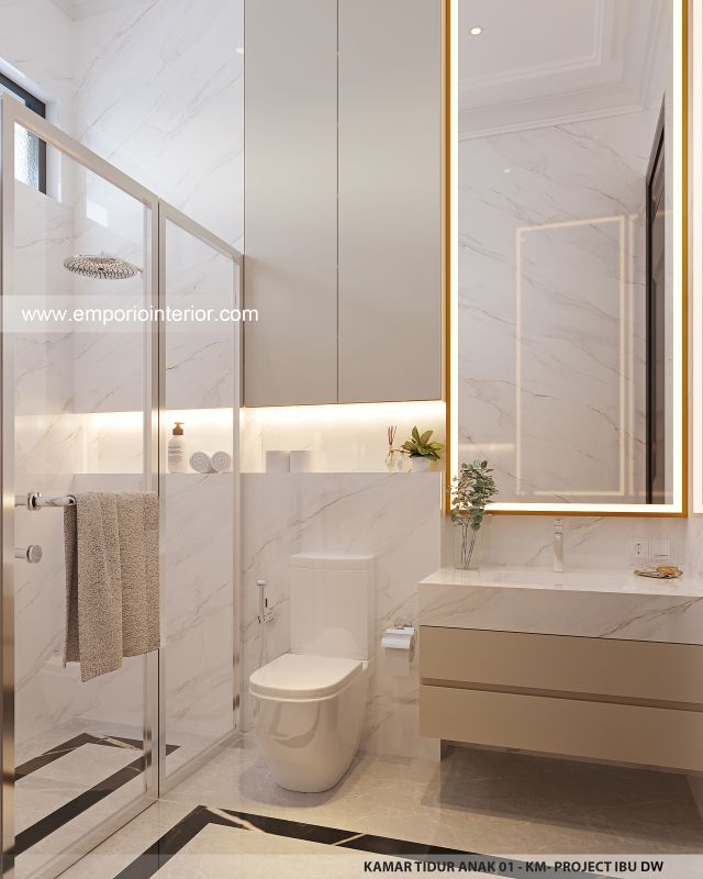 Desain Kamar Mandi Anak 1 Rumah Mediteran Klasik 3 Lantai Ibu DW di Jakarta