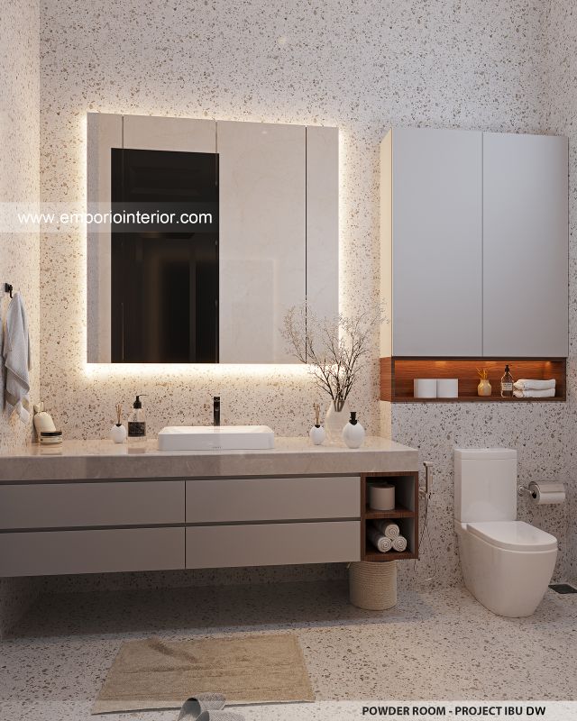 Desain Powder Room Rumah Mediteran Klasik 3 Lantai Ibu DW di Jakarta
