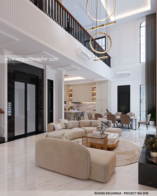 Desain Ruang Keluarga Rumah Mediteran Klasik 3 Lantai Ibu DW di Jakarta
