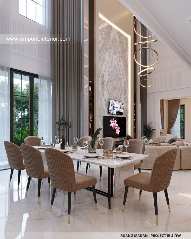 Desain Ruang Makan Rumah Mediteran Klasik 3 Lantai Ibu DW di Jakarta