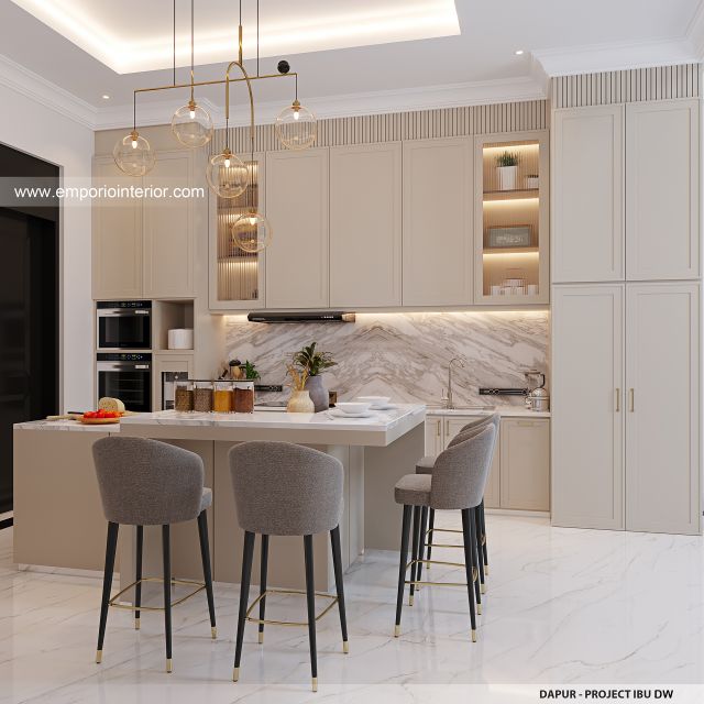 Desain Dapur Rumah Mediteran Klasik 3 Lantai Ibu DW di Jakarta