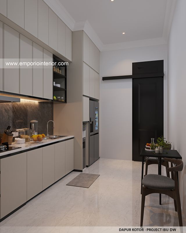 Desain Dapur Kotor Rumah Mediteran Klasik 3 Lantai Ibu DW di Jakarta