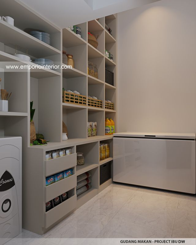 Desain Gudang Makanan Rumah Mediteran Klasik 3 Lantai Ibu DW di Jakarta