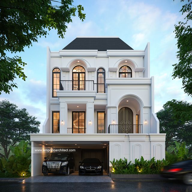Desain Tampak Depan Rumah Mediteran Klasik 3 Lantai Bapak YHG di Jakarta