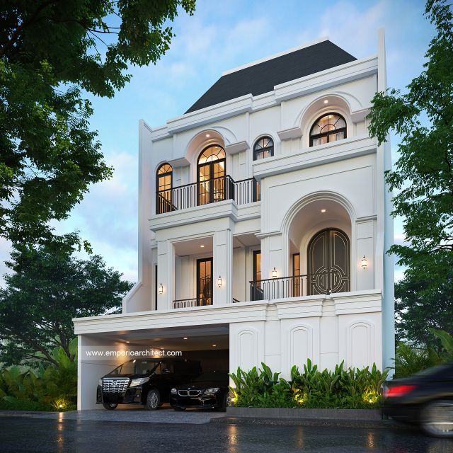 Desain Tampak Depan 2 Rumah Mediteran Klasik 3 Lantai Bapak YHG di Jakarta