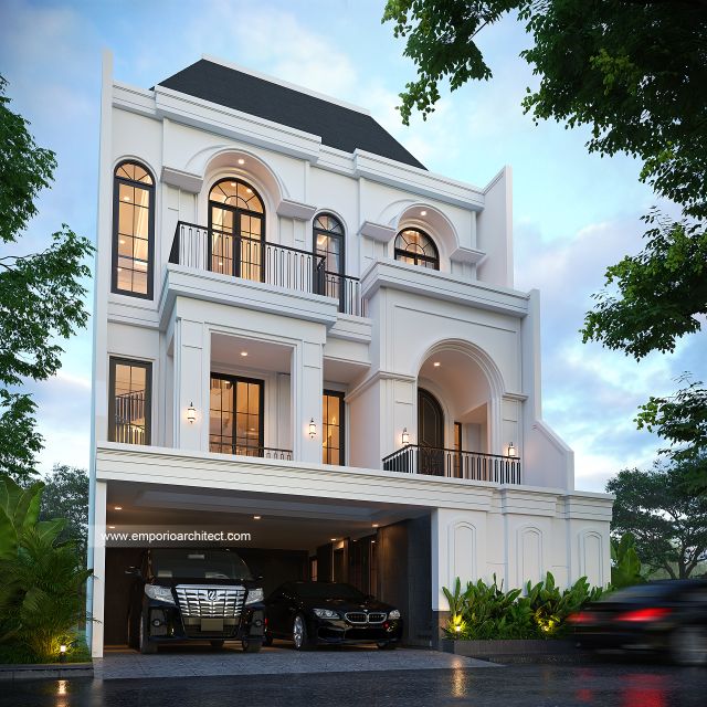 Desain Tampak Depan 3 Rumah Mediteran Klasik 3 Lantai Bapak YHG di Jakarta