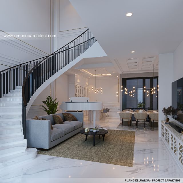 Desain Ruang Keluarga Rumah Mediteran Klasik 3 Lantai Bapak YHG di Jakarta