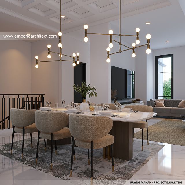 Desain Ruang Makan Rumah Mediteran Klasik 3 Lantai Bapak YHG di Jakarta