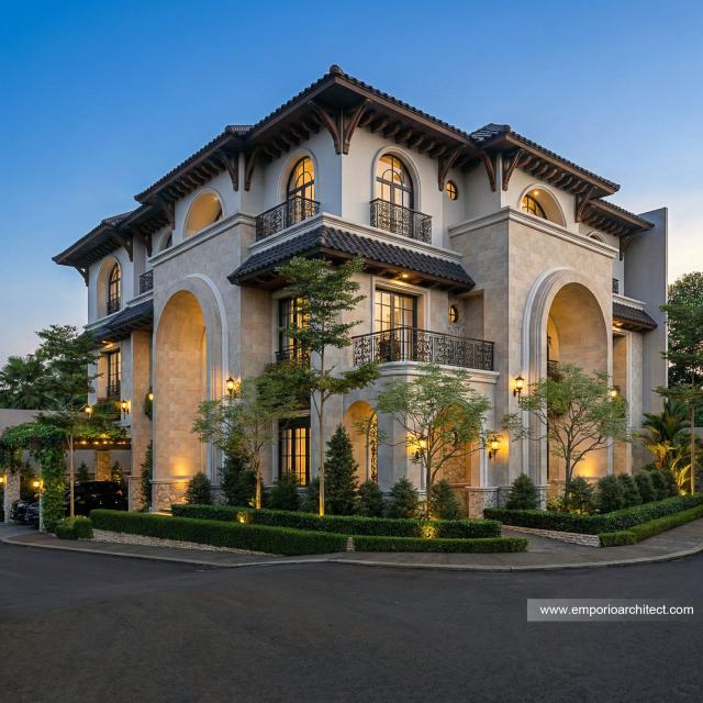 Desain Tampak Hook Rumah Mediteran Klasik 3 Lantai Bapak ZNL di Depok