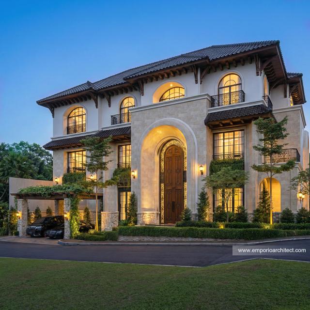 Desain Tampak Depan 3 Rumah Mediteran Klasik 3 Lantai Bapak ZNL di Depok