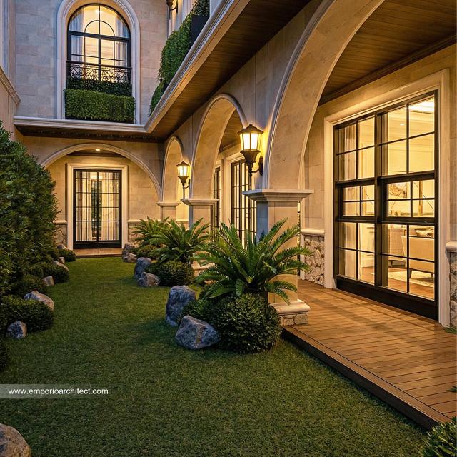 Desain Tampak Detail Belakang Rumah Mediteran Klasik 3 Lantai Bapak ZNL di Depok