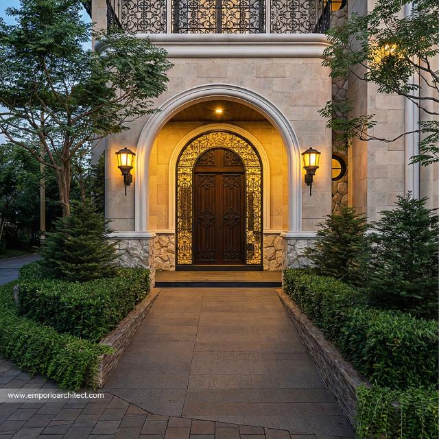 Desain Tampak Detail Samping Rumah Mediteran Klasik 3 Lantai Bapak ZNL di Depok