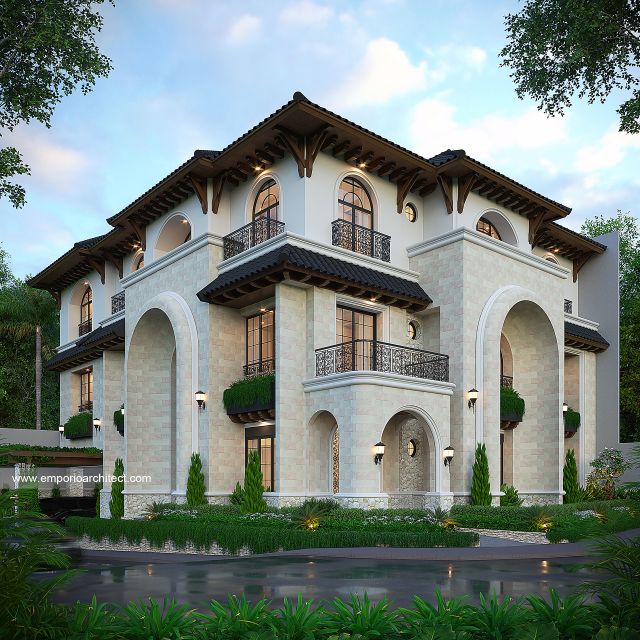 Desain Tampak Hook Rumah Mediteran Klasik 3 Lantai Bapak ZNL di Depok