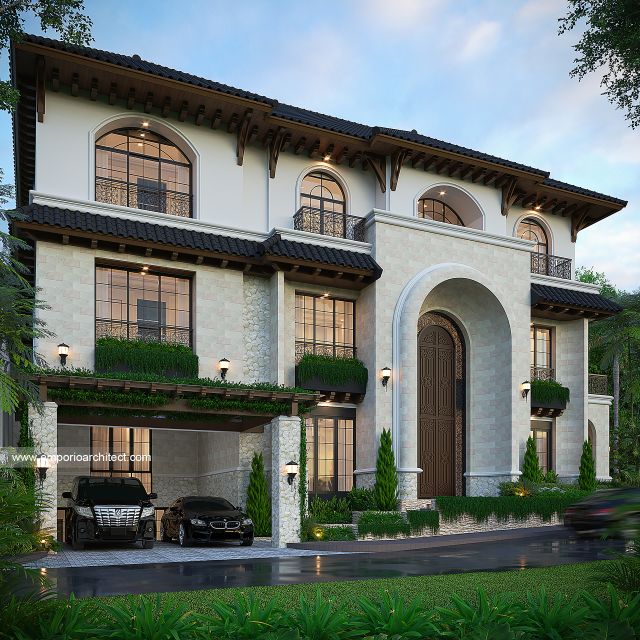 Desain Tampak Depan Rumah Mediteran Klasik 3 Lantai Bapak ZNL di Depok